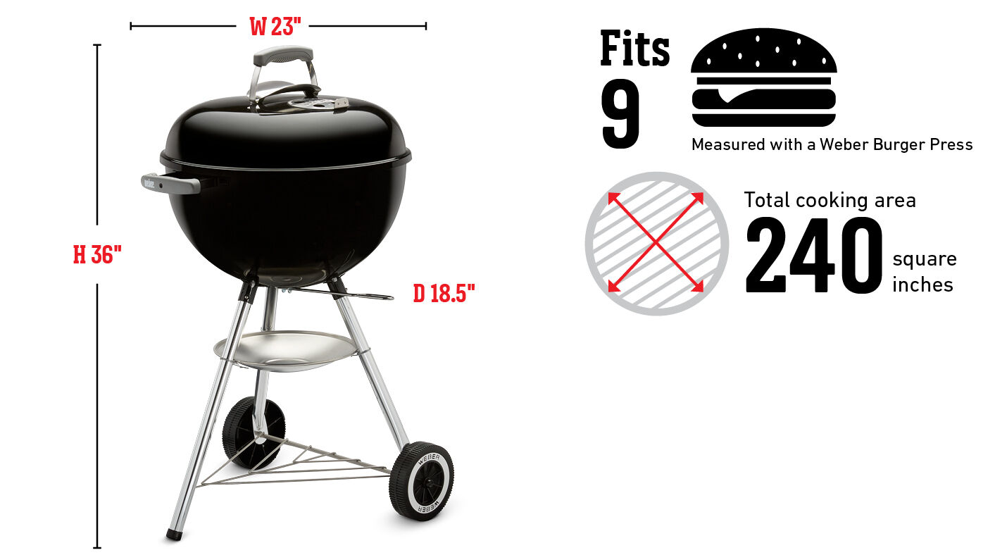 Con capacidad para 9 hamburguesas según la medida de la prensa para hamburguesas Weber; superficie de cocción total de 1548 cm²